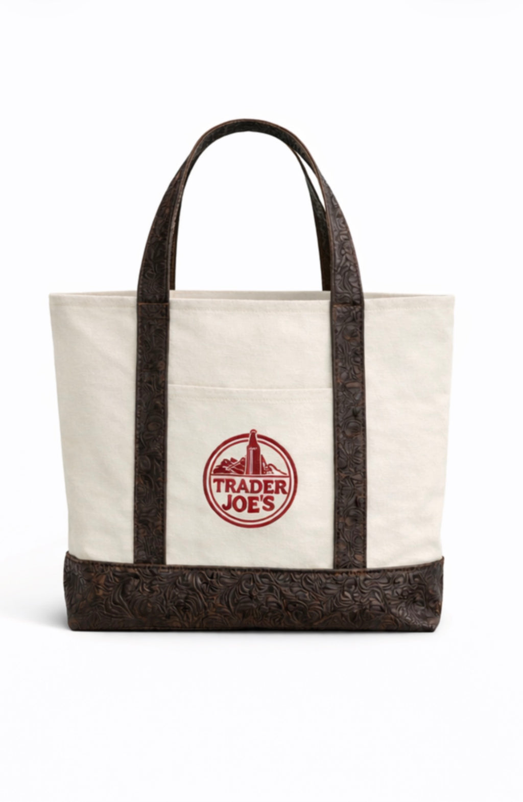Trader Joe Canvas Tote | Saddle Trim Tote | Embossed Faux Leather Edition