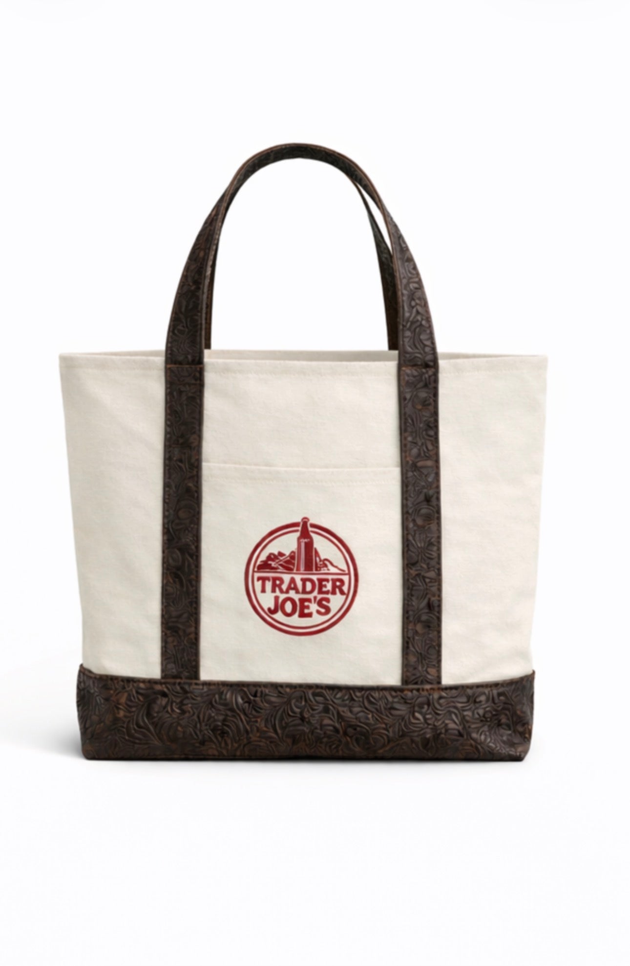Trader Joe Canvas Tote | Saddle Trim Tote | Embossed Faux Leather Edition