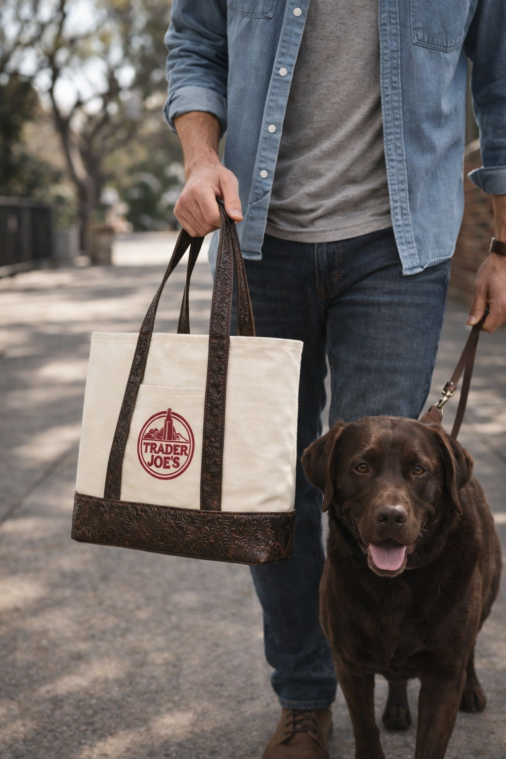 Trader Joe Canvas Tote | Saddle Trim Tote | Embossed Faux Leather Edition
